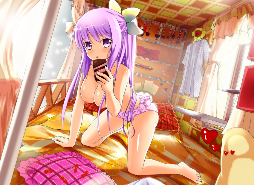 :o all_fours backlighting barefoot blush breasts cellphone dutch_angle heart highres kyaro_(kyaro54) large_breasts long_hair looking_at_viewer nipples original phone pillow ponytail purple_eyes purple_hair solo topless
