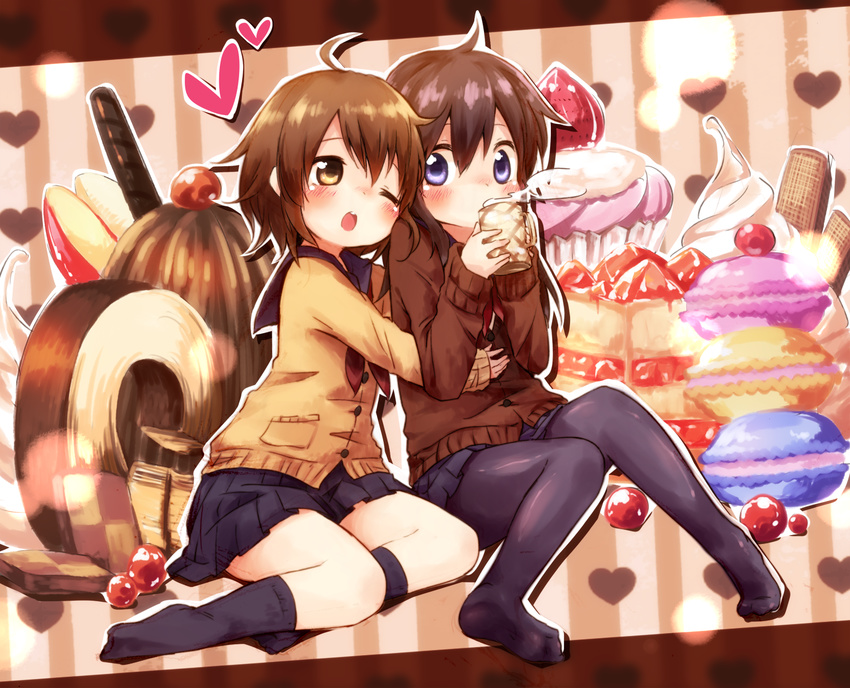 ayakashi_(monkeypanch) black_legwear blue_eyes blush brown_eyes cake checkerboard_cookie chocolate coffee cookie cup cupcake dessert drinking food fruit hand_on_another's_stomach hand_on_own_stomach head_on_shoulder heart highres hug ice_cream light_particles macaron mont_blanc_(food) mug multiple_girls one_eye_closed open_mouth original outline pantyhose pleated_skirt ribbon school_uniform serafuku shiny short_hair sitting skirt socks steam strawberry strawberry_shortcake sweets
