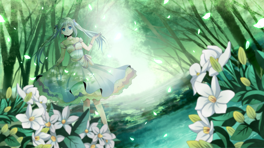 aqua_hair dress flower gloves green_hair hatsune_miku highres long_hair mariwai_(marireroy) solo twintails vocaloid