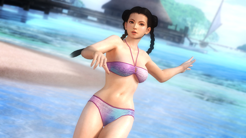 1girl 3d beach bikini black_hair breasts dead_or_alive dead_or_alive_5 highres large_breasts ocean official_art pai_chan swimsuit tecmo virtua_fighter wallpaper