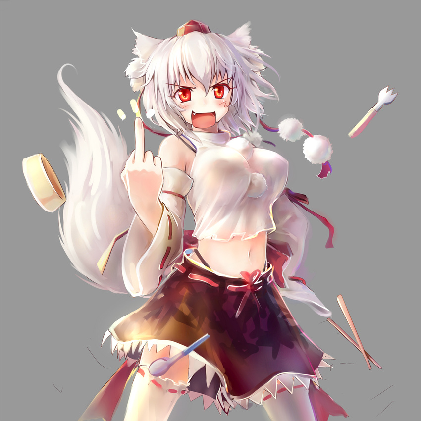 animal_ears bad_id bad_pixiv_id bare_shoulders blush breasts chopsticks detached_sleeves fang fork grey_background hand_on_hip hat highres inubashiri_momiji kimikimi large_breasts middle_finger midriff navel open_mouth pet red_eyes ribbon-trimmed_legwear ribbon-trimmed_sleeves ribbon_trim short_hair silver_hair simple_background skirt smile solo spoon tail thighhighs tokin_hat touhou white_legwear wolf_ears wolf_tail