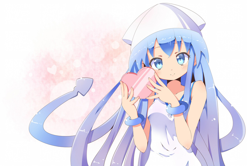 bad_id bad_pixiv_id blue_eyes blue_hair box gift hat heart heart-shaped_box ikamusume long_hair looking_at_viewer shinryaku!_ikamusume smile solo take_(office-t) tentacle_hair valentine