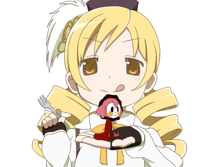 :q beret blonde_hair charlotte_(madoka_magica) drill_hair fingerless_gloves fork gloves hat highres hoihoi hoihoi_(sonokoi) magical_girl mahou_shoujo_madoka_magica role_reversal smile tomoe_mami tongue tongue_out twin_drills twintails yellow_eyes