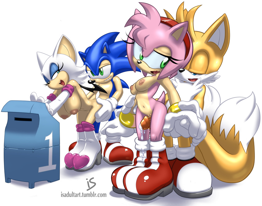 all_fours amy_rose anthro bat big_breasts blue_body blue_eyes breasts canine cum doggy_position doggystyle female fox fox_tail from_behind gloves green_eyes hair hairband handlebar hedgehog intercrural interspecies is is_(artist) mailbox male mammal miles_prower multiple_tails nipples nude penetration penis pink_body pink_hair plain_background pussy rouge_the_bat sega sex shoes sonic_(series) sonic_the_hedgehog standing straight tails thigh_sex white_background wings