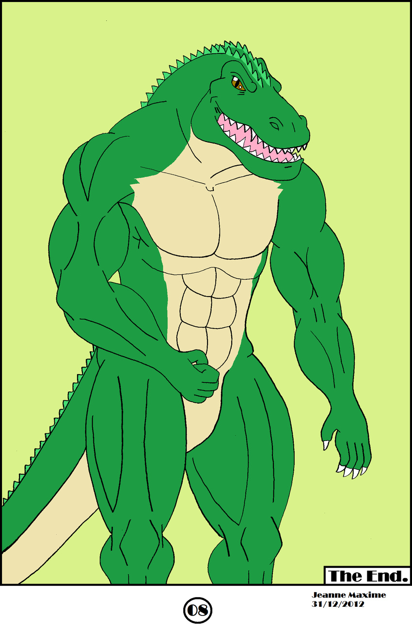 abs anthro biceps claws comic crocodile fangs flexing green_skin human male maxime-jeanne muscles nude pecs plain_background pose reptile scales scalie solo text transformation