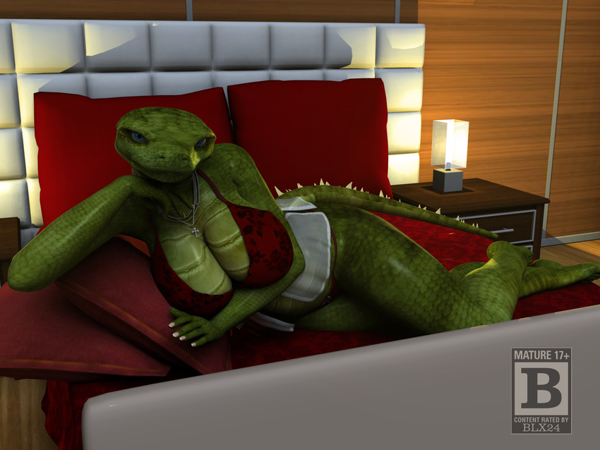 anthro bed blue_eyes blx24 bra breasts cleavage female necklace panties pillow reptile scales scalie snake underwear