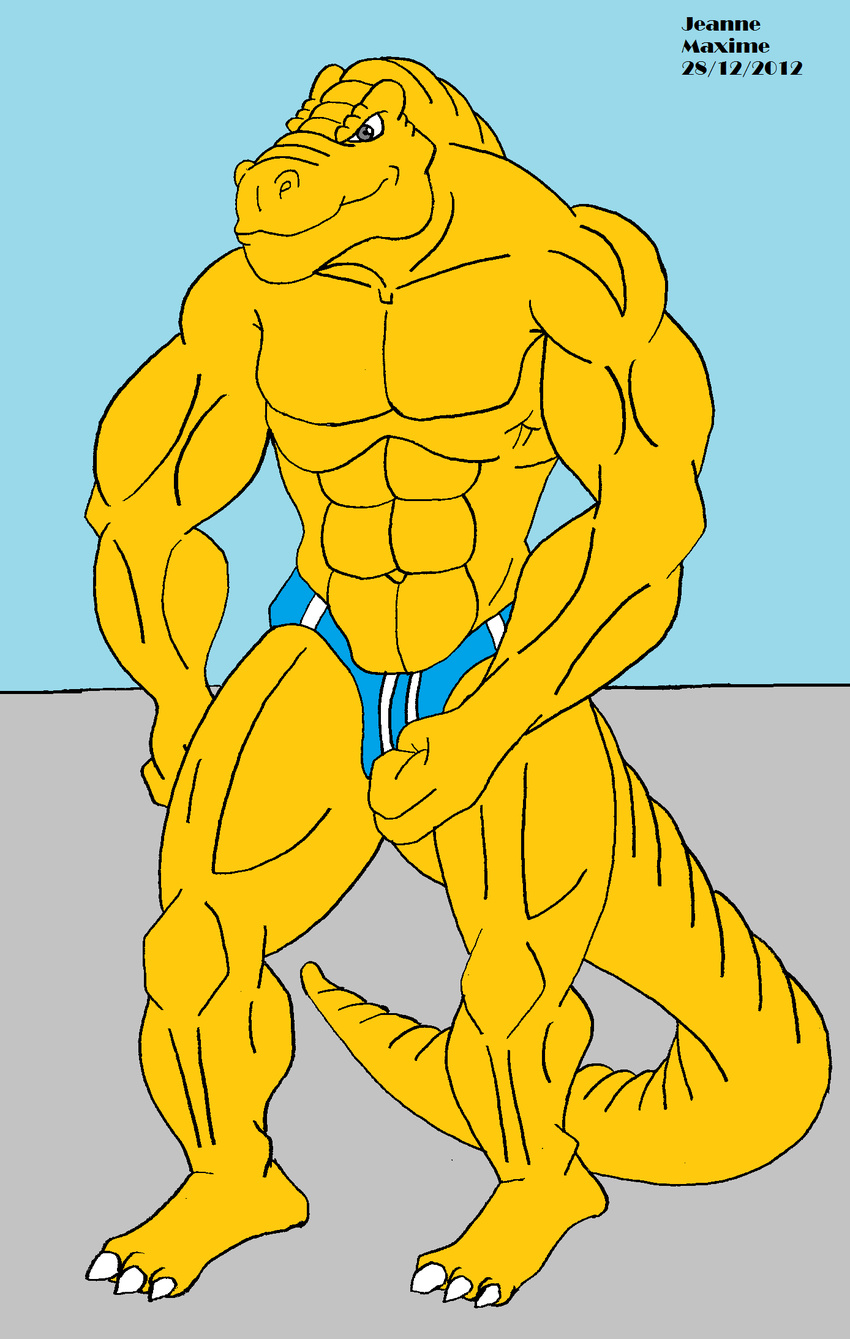 biceps clothed clothing dinosaur extreme_dinosaurs half-dressed male maxime-jeanne muscles pecs reptile scalie t-bone_(extreme_dinosaurs) theropod topless tyrannosaurus_rex tyranosaurus_rex yellow_skin