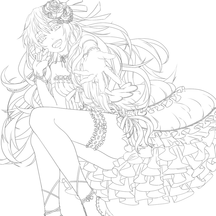 dress flower foreshortening frills gari_(apollonica) gloves greyscale hair_flower hair_ornament highres lineart long_hair megurine_luka monochrome open_mouth smile solo thigh_strap vocaloid