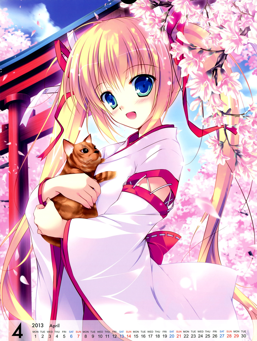 2013 absurdres ahoge blonde_hair blue_eyes blush calendar_(medium) cat cherry_blossoms cloud copyright_request day flower happy highres hug japanese_clothes kimono long_hair mikeou non-web_source sky twintails
