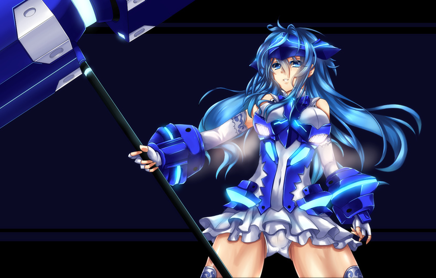 armor blue_eyes blue_hair blush breastplate detached_sleeves elbow_gloves fi-san fingerless_gloves gauntlets gloves greaves hammer headgear highres long_hair solo vividblue vividred_operation