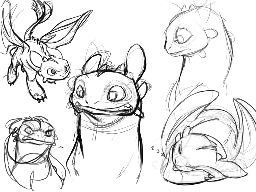 dragon feral grimace how_to_train_your_dragon monochrome night_fury scalie sketches sleeping snarling tongue tongue_out toothless wings