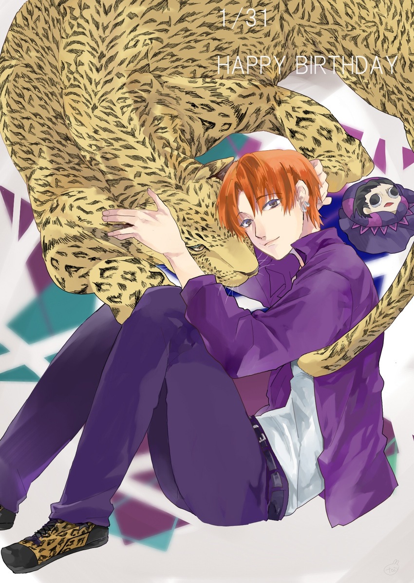 animal_print black_eyes caster_(fate/zero) earrings fate/zero fate_(series) highres jacket jewelry leopard leopard_print male_focus orange_hair purple_jacket shoes sneakers solo tozrock uryuu_ryuunosuke