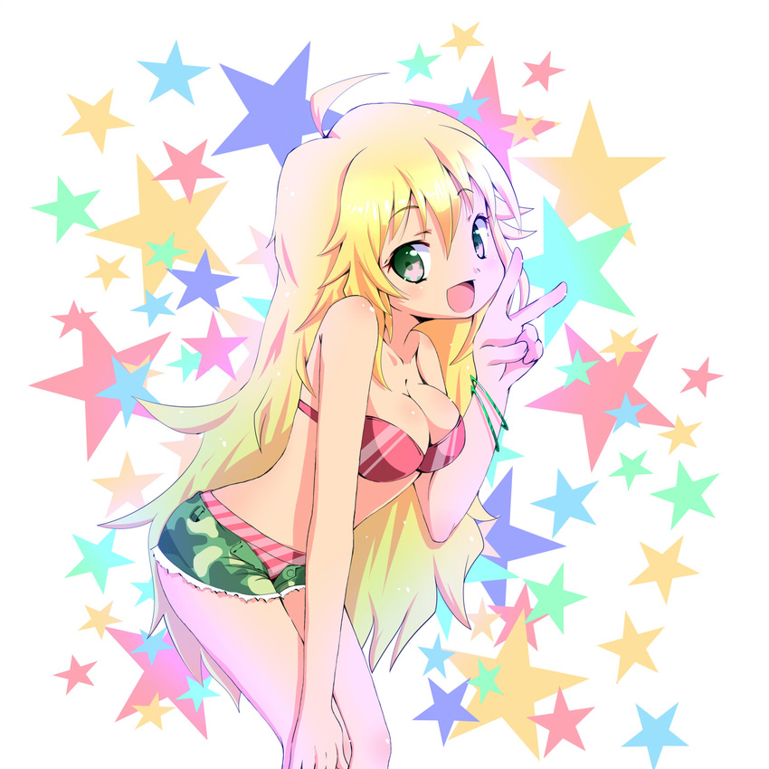 :d ahoge bad_id bad_pixiv_id bandeau bikini blonde_hair bracelet breasts camouflage cutoffs denim denim_shorts green_eyes highres hoshii_miki idolmaster idolmaster_(classic) jewelry long_hair looking_at_viewer medium_breasts open_fly open_mouth short_shorts shorts smile solo star starry_background swimsuit take_(office-t) unzipped v