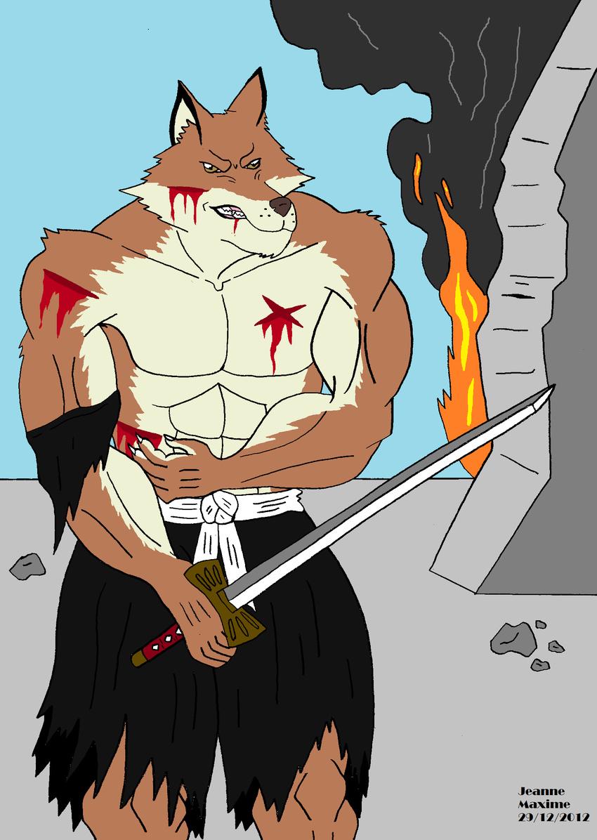 abs anthro belt biceps bleach blood brown_fur canine claws clothed clothing fangs fur half-dressed male mammal maxime-jeanne muscles pecs pose sajin_komamura shorts solo standing sword topless torn_clothing weapon wolf wounded yellow_eyes