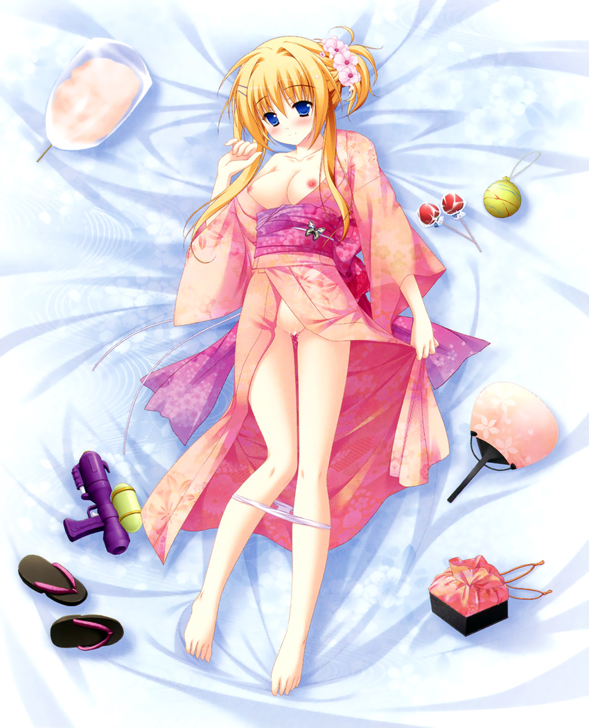 barefoot bed_sheet blonde_hair blue_eyes blush breasts breasts_outside candy_apple cleavage cotton_candy dakimakura diamic_days fan flower food from_above full_body geta hair_flower hair_ornament hatsushiba_kiba highres legs looking_at_viewer lying medium_breasts nipples no_bra on_back panties panty_pull pussy pussy_juice sesena_yau shoes_removed solo underwear water_balloon water_gun white_panties