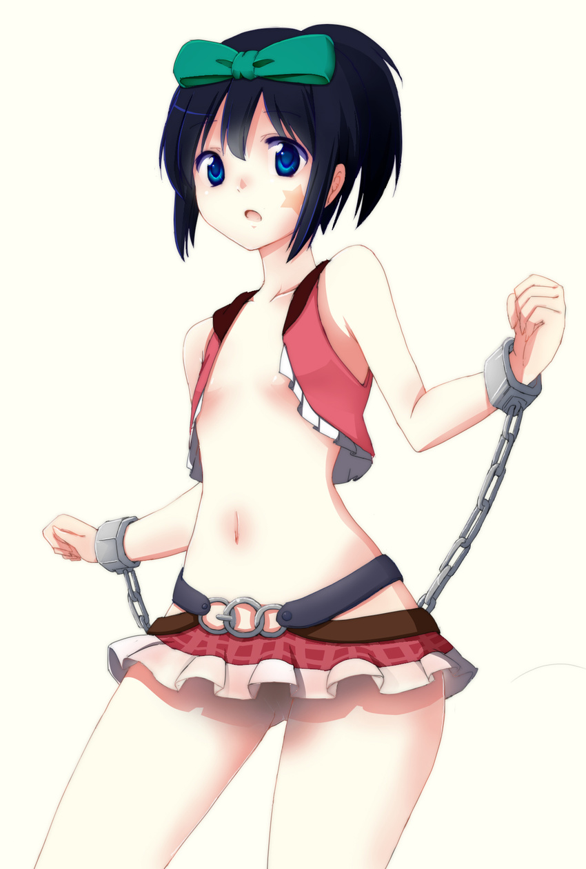 aqua_bow bare_shoulders black_hair blue_eyes bow chain collarbone cowboy_shot cuffs flat_chest hair_bow highres kunihiro_hajime microskirt miniskirt navel no_bra no_panties open_mouth ponytail revealing_clothes ribbon saki shackles skirt solo star_tattoo tattoo thighhighs yuni_(manyutin)