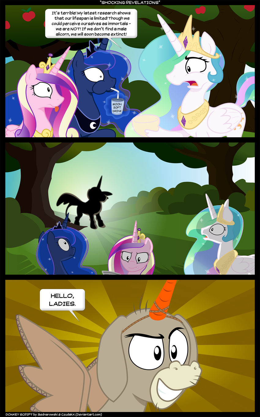 apple bednarowski cardboard carrot comic cranky_doodle_donkey_(mlp) crown czudakx dialog donkey drink english_text equine female feral friendship_is_magic fruit gold hair horn horse mammal moon multi-colored_hair my_little_pony necklace outside pony princess princess_cadance_(mlp) princess_celestia_(mlp) princess_luna_(mlp) royalty sparkle straw text tree winged_unicorn wings