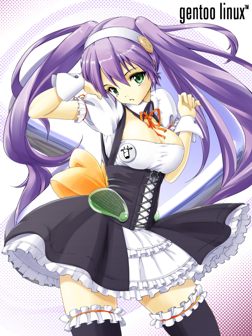 absurdres badge breasts cleavage gentoo green_eyes highres large_breasts larry_the_cow linux os os-tan purple_hair ribbon thighhighs twintails waitress