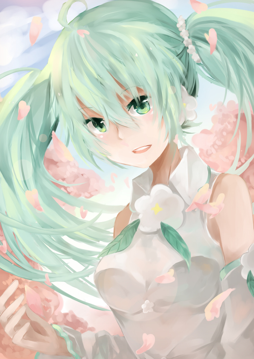 bad_id bad_pixiv_id green_eyes green_hair hatsune_miku highres long_hair petals saku_qq solo twintails vocaloid