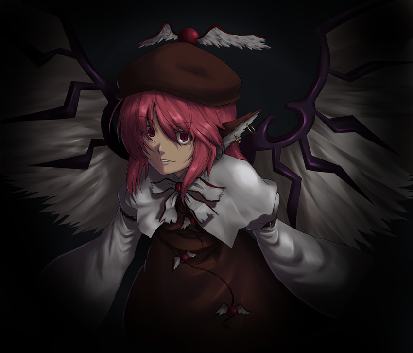 animal_ears earrings hat hiroya_juuren jewelry mystia_lorelei pink_hair red_eyes short_hair solo touhou wings