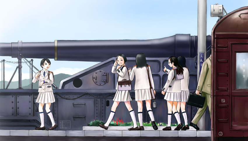 5girls bag black_hair cannon highres long_hair mimura_kaoru multiple_girls necktie original satchel school_bag school_uniform short_hair wallpaper widescreen