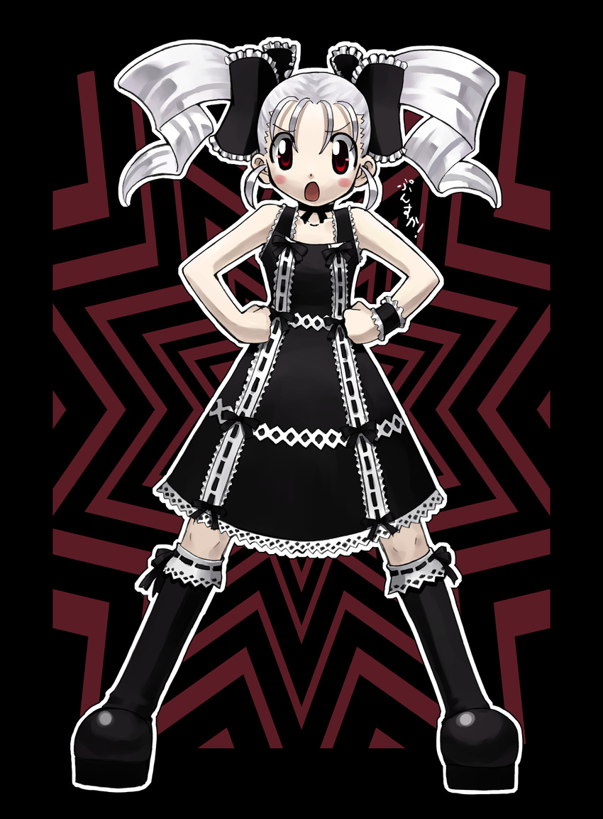 absurdres angry blush boots copyright_request gothic hands_on_hips highres kusaka_souji red_eyes ribbon solo twintails white_hair