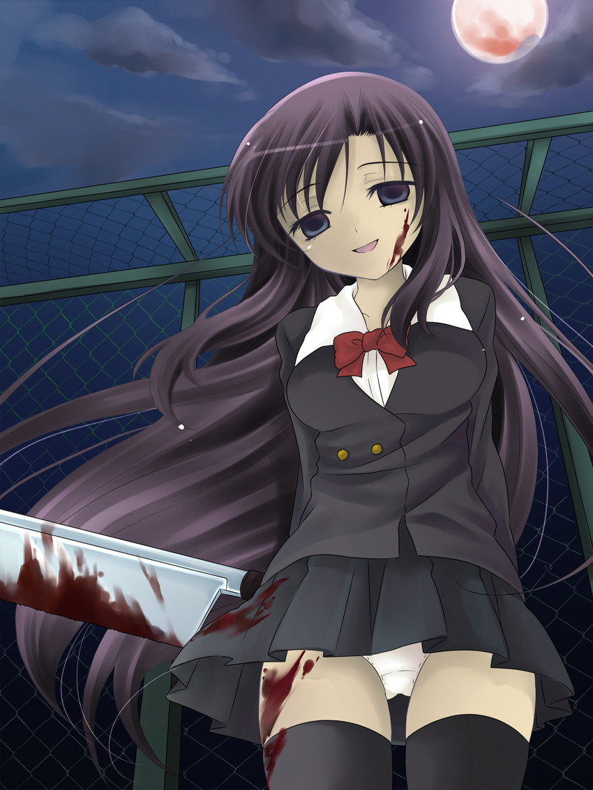 bad_id bad_pixiv_id blood blue_eyes bow empty_eyes hanabana_tsubomi highres katsura_kotonoha knife panties purple_hair red_bow school_days school_uniform solo thighhighs underwear upskirt yandere