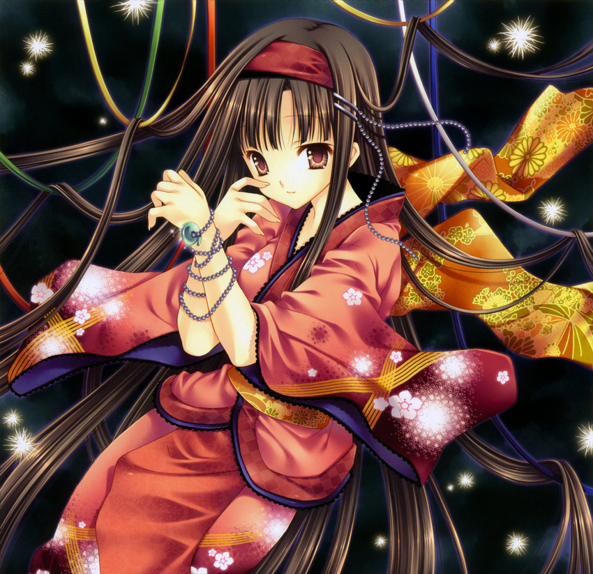 absurdres beads brown_hair copyright_request highres japanese_clothes long_hair red_eyes solo tatekawa_mako wnb_mark