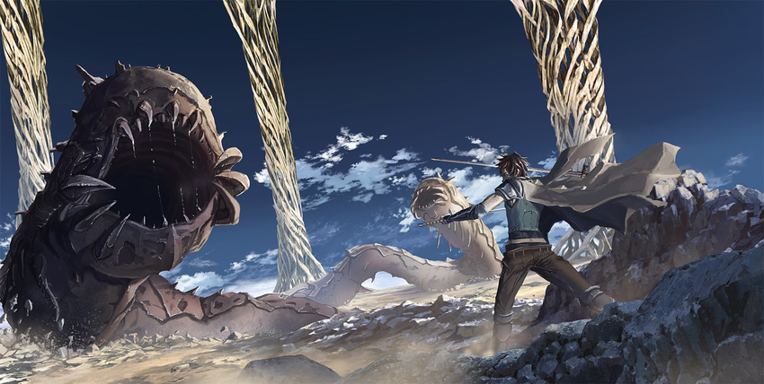 bad_id bad_pixiv_id belt blue_sky broken_ground brown_hair cape cloud copyright_request day desert dual_wielding elbow_gloves fantasy fingerless_gloves from_behind gloves greaves highres holding katou_taira landscape male_focus monster outdoors pants rock scenery short_sleeves shoulder_armor sky solo spaulders sword vambraces vest wallpaper weapon widescreen wyrm