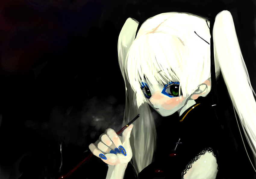 blonde_hair blue_nails copyright_request cross gothic green_eyes highres kiseru kusaka_souji long_hair nail_art nail_polish pipe smoking solo twintails