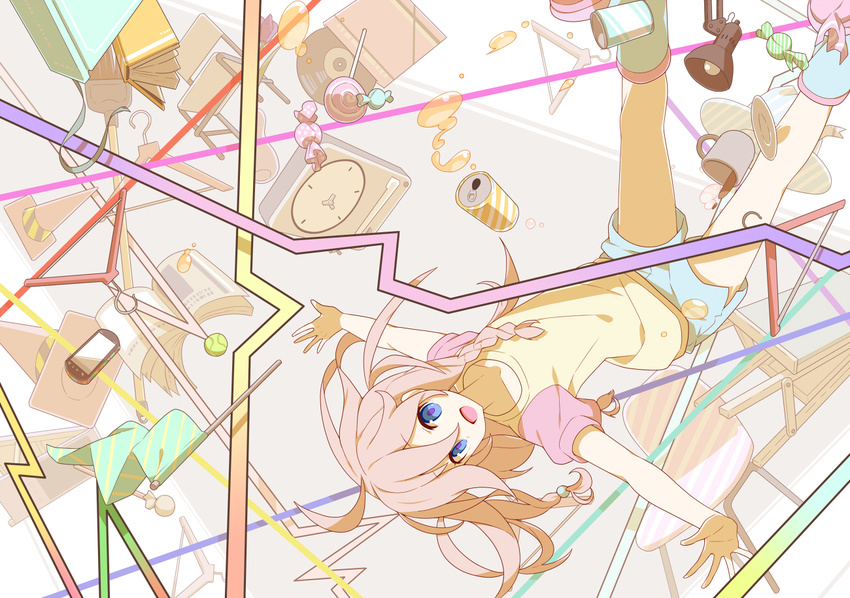 ahoge ball blue_eyes book broom can candy cellphone chair clock clothes_hanger flag food ia_(vocaloid) light lollipop long_hair phone pink_hair plate record sign soda_can solo tennis_ball tomioka_jirou vocaloid world_calling_(vocaloid)