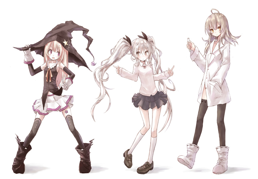 bad_id bad_pixiv_id blonde_hair brown_eyes buran_(kure) closed_labcoat gloves hat highres labcoat long_hair multiple_girls original purple_eyes silver_hair test_tube thighhighs twintails witch_hat