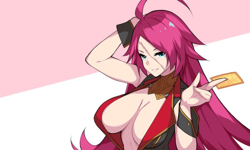 1girl ahoge arm_behind_head bangs black_vest blue_eyes blush breasts card center_opening cleavage dean facial_scar fate/extra fate_(series) francis_drake_(fate) grin highres large_breasts long_hair looking_at_viewer parted_bangs pink_background pink_hair scar smile two-tone_background vest white_background wrist_cuffs