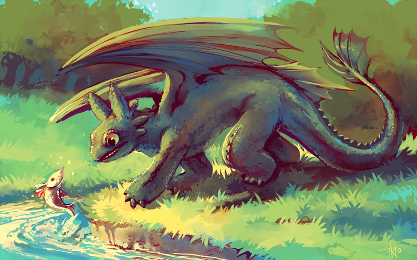 blue_body claws dragon feral fish grass green_eyes how_to_train_your_dragon jumping marine night_fury purplekecleon red_eyes scenery teeth toothless tree wings