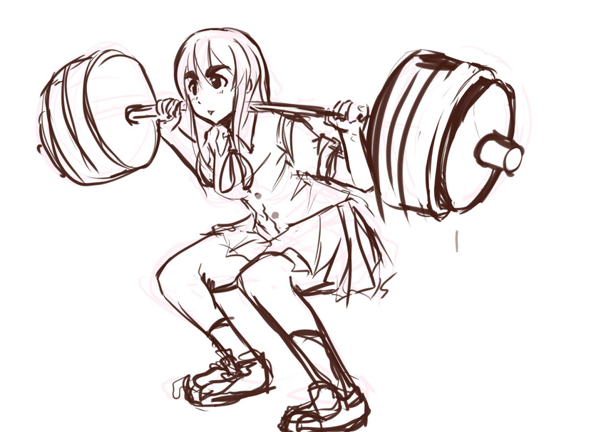 eyebrows k-on! kotobuki_tsumugi long_hair monochrome panties_(pantsu-pirate) sakuragaoka_high_school_uniform school_uniform sketch socks solo squatting thick_eyebrows weightlifting weights