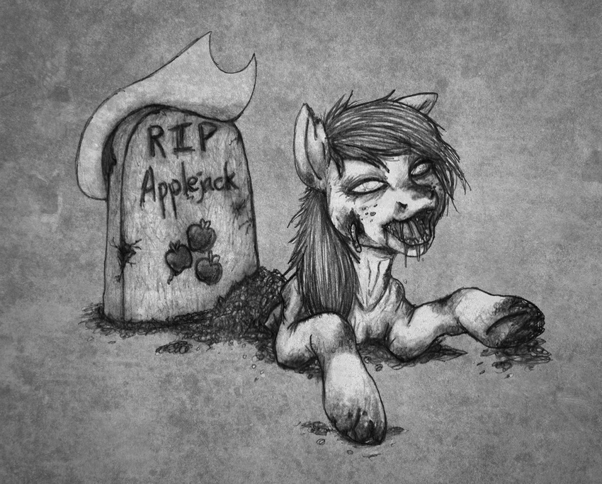 aisu-isme ambiguous_gender applejack_(mlp) arthropod blood bugs cowboy_hat creepy equine feral friendship_is_magic gore grave greyscale hat horse insect mammal monochrome my_little_pony nightmare_fuel open_mouth pony solo undead worm zombie