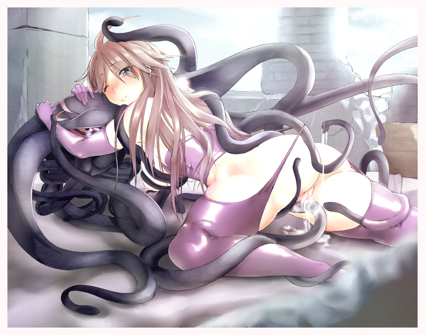 1girl again blush brown_hair funikura highres nyx queen's_blade queen's_blade tentacle wink