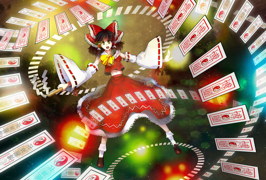 bad_id bad_pixiv_id bow brown_eyes brown_hair detached_sleeves gohei hair_bow hair_tubes hakurei_reimu highres long_hair midriff ofuda open_mouth skirt socks solo spell_card tanokura_mon touhou wide_sleeves yin_yang