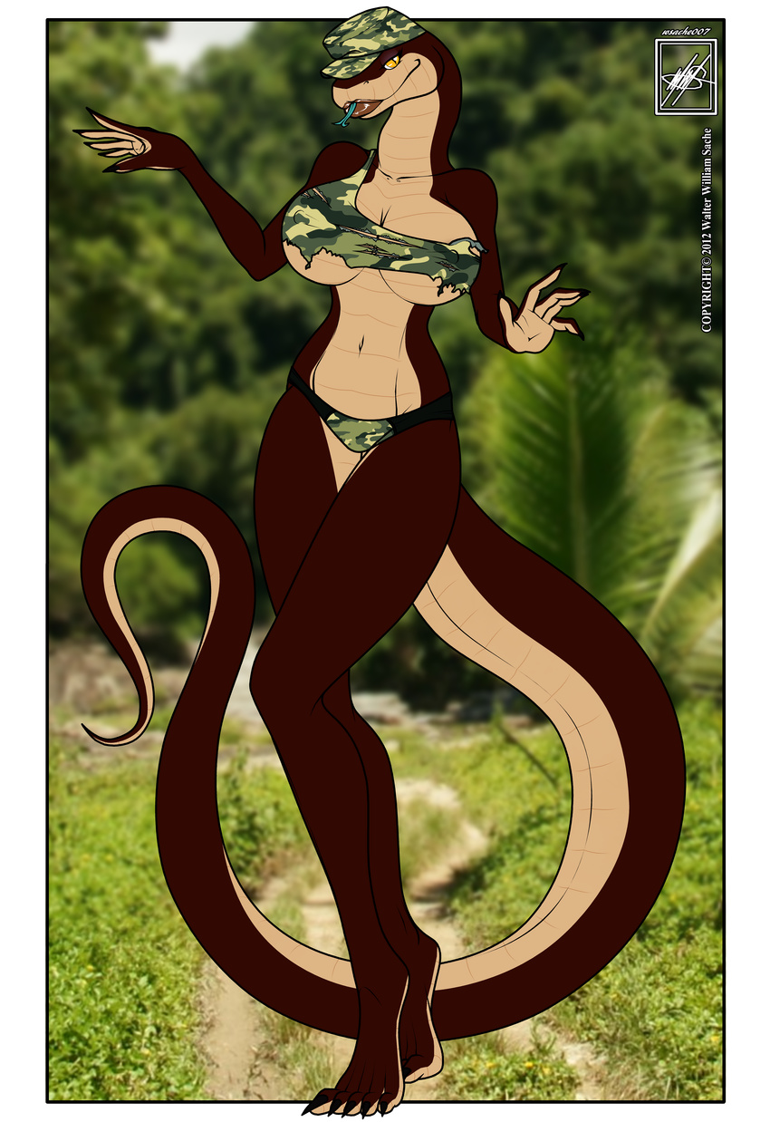 absurd_res absurdly_absurd_res alpha_channel big_breasts breasts cleavage clothed clothing female hi_res military reptile scalie skimpy snake solo torn_clothing walter_sache
