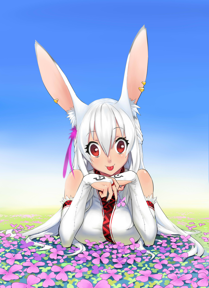 :p absurdres animal_ears bridal_gauntlets bunny_ears copyright_request highres hk33 lying on_stomach red_eyes solo tongue tongue_out white_hair