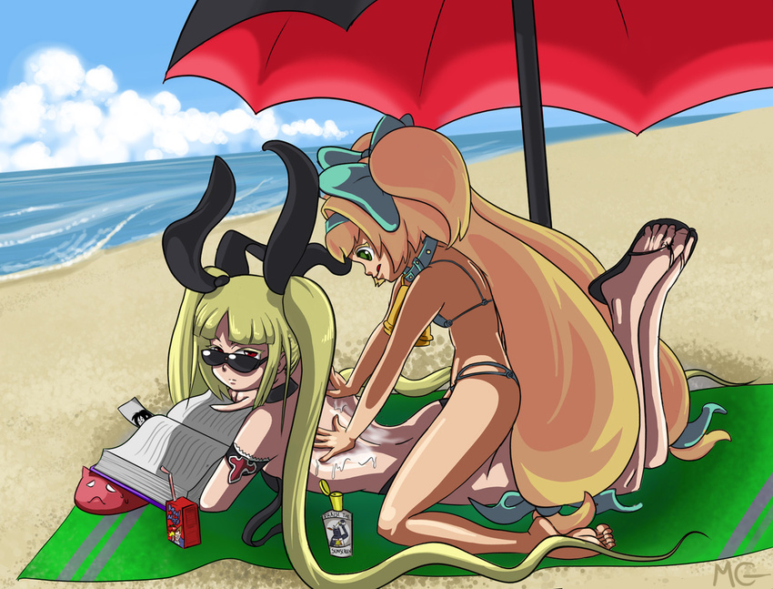 :q armband beach beach_towel beach_umbrella bell bell_collar bikini blazblue blonde_hair bow collar day flat_chest gii hair_bow hair_ribbon hairband heart heart-shaped_pupils juice_box long_hair lotion lying mario_grant multiple_girls nago ocean on_stomach platinum_the_trinity rachel_alucard reading red_eyes ribbon straddling sunglasses swimsuit symbol-shaped_pupils tongue tongue_out towel twintails two_side_up umbrella very_long_hair