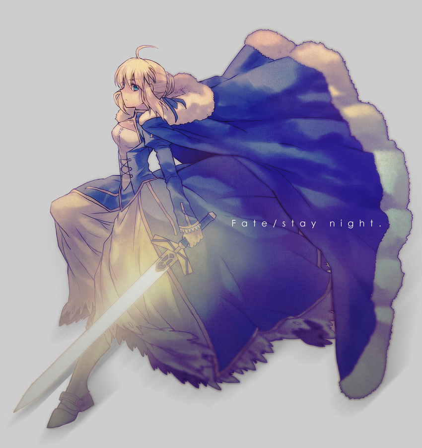 ahoge artoria_pendragon_(all) blonde_hair blue_cape cape dress excalibur fate/stay_night fate_(series) glowing glowing_sword glowing_weapon green_eyes highres saber solo sword takasaki_(rock_rock) weapon