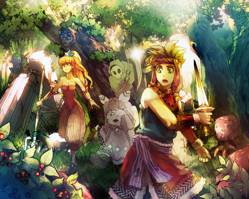 1girl 1other androgynous bad_id bad_pixiv_id bare_shoulders blonde_hair breasts brown_hair capri_pants cleavage death_(entity) earrings feathers forest gameplay_mechanics ghost green_eyes grim_reaper hair_feathers headband hoop_earrings jewelry long_hair medium_breasts nature pants pointy_ears polearm ponytail popoi primm randi seiken_densetsu seiken_densetsu_2 short_sword striped sword tanokura_mon tears trident vambraces vertical_stripes weapon