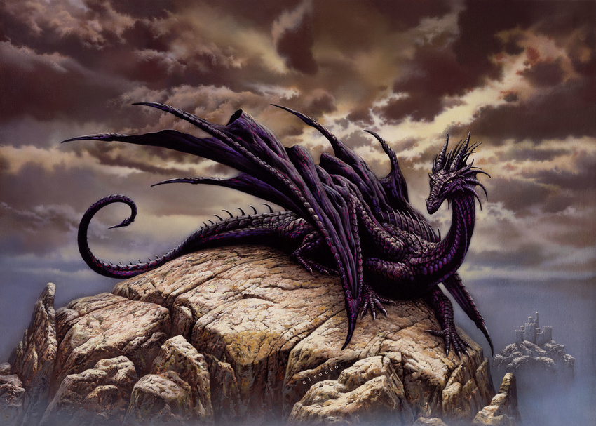 canvas castle ciruelo ciruelo_cabral claws cloud clouds dragon eyes feral folded_wings headfins hi_res horn invalid_color looking_at_viewer mountain purple_scales scalie spines traditional_media western_dragon wings