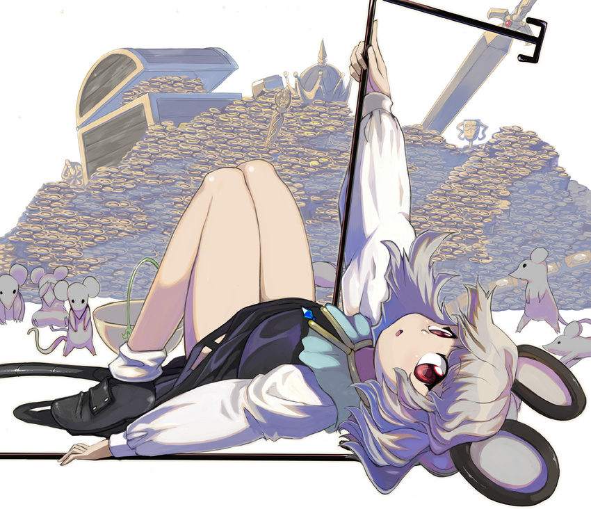 animal_ears basket coin crown highres looking_at_viewer lying mouse mouse_ears mouse_tail nazrin on_back red_eyes shope short_hair silver_hair solo sword tail touhou treasure weapon white_background
