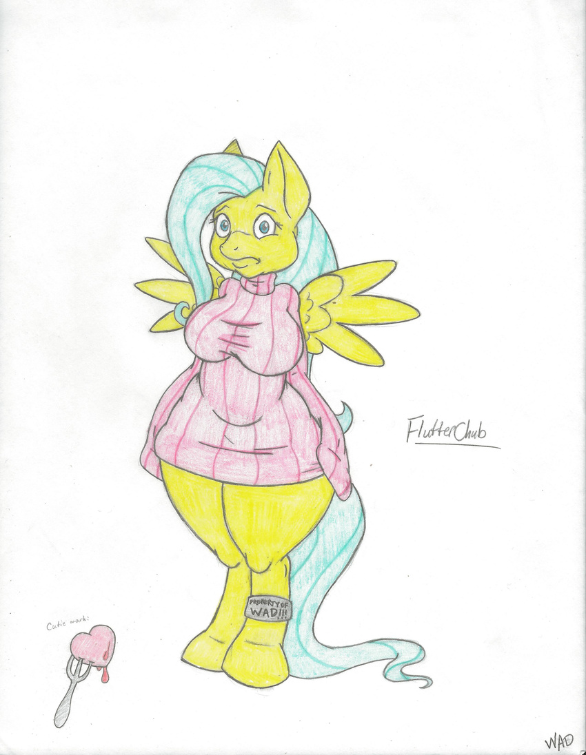 afraid big_breasts breasts chubby collar cutie_mark equine female flutterchub hooves horse huge_breasts lookalike looking_at_viewer overweight pegasus pony sweater thighs wad wide_hips wings