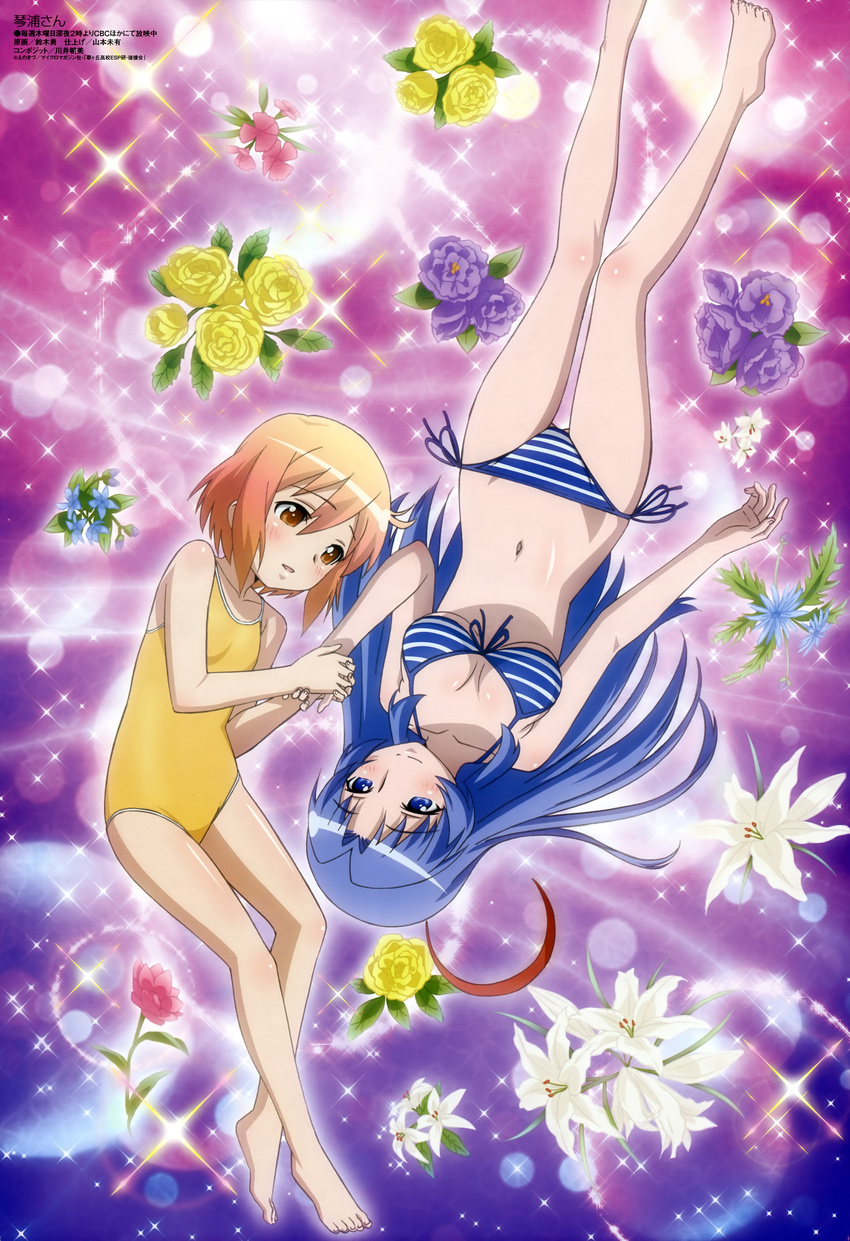 :d absurdres antenna_hair ass_visible_through_thighs bangs barefoot bikini blonde_hair blue_bikini blue_eyes blue_hair blush body_blush breasts breasts_apart casual_one-piece_swimsuit cleavage crescent eye_contact feet flat_chest flower front-tie_top gradient_hair groin hair_between_eyes highres holding_hands kotoura-san kotoura_haruka leaning_forward legs light_particles light_smile lily_(flower) long_hair looking_at_another lowleg lowleg_bikini lying megami mifune_yuriko multicolored_hair multiple_girls navel non-web_source official_art on_back on_side one-piece_swimsuit open_mouth orange_eyes orange_hair parted_bangs rose scan short_hair side-tie_bikini sidelocks smile sparkle string_bikini striped striped_bikini striped_swimsuit suzuki_isamu swimsuit underboob upside-down very_long_hair wide_hips yellow_flower yellow_rose yellow_swimsuit yuri