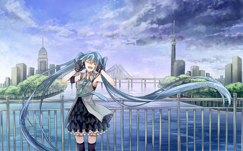 blue_hair bridge cityscape closed_eyes cloud dress floating_hair gloves hatsune_miku long_hair nasuko necktie open_mouth sky solo thighhighs twintails very_long_hair vocaloid water