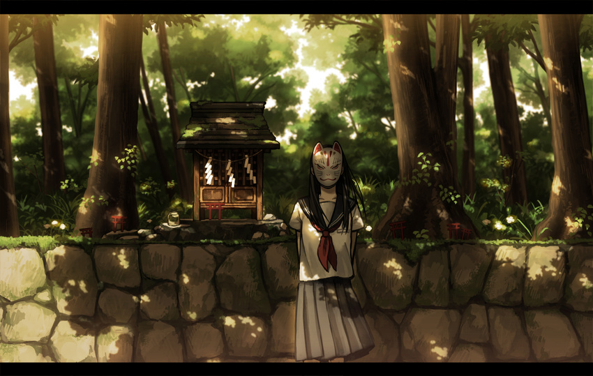 amemura_(caramelo) arms_behind_back black_hair fox_mask long_hair looking_at_viewer mask original school_uniform serafuku shide shrine skirt solo torii tree