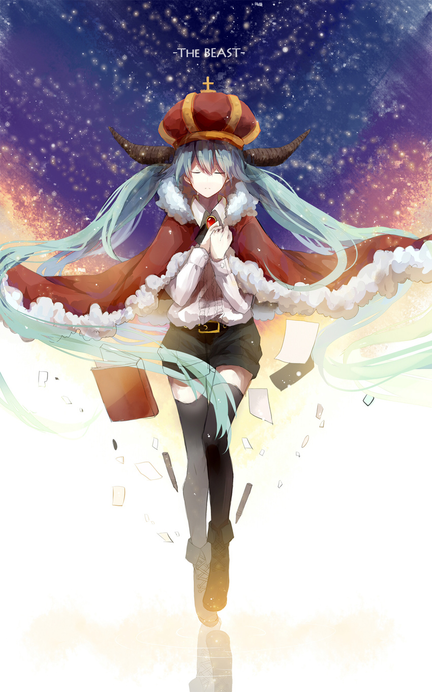 aqua_hair belt book closed_eyes copyright_name crown hatsune_miku highres horns long_hair paper shorts solo the_beast_(vocaloid) thighhighs twintails very_long_hair vocaloid yoisy